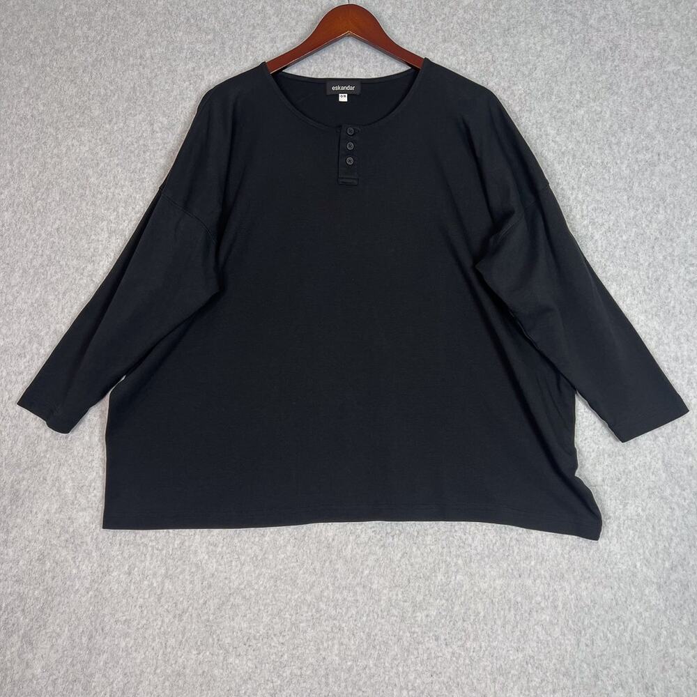 Eskandar Black Henley Long Sleeve 100% Pima Cotton Boxy Shirt One Size